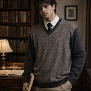 Weatherproof Mens XXL Gray Geometric Diamond V-Neck Acrylic Knit Sweater